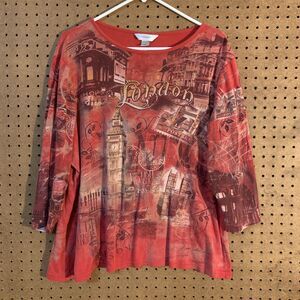 Y2K London Top CJ Banks 1x Red Retro 90s Mom Embellished Bold Artsy